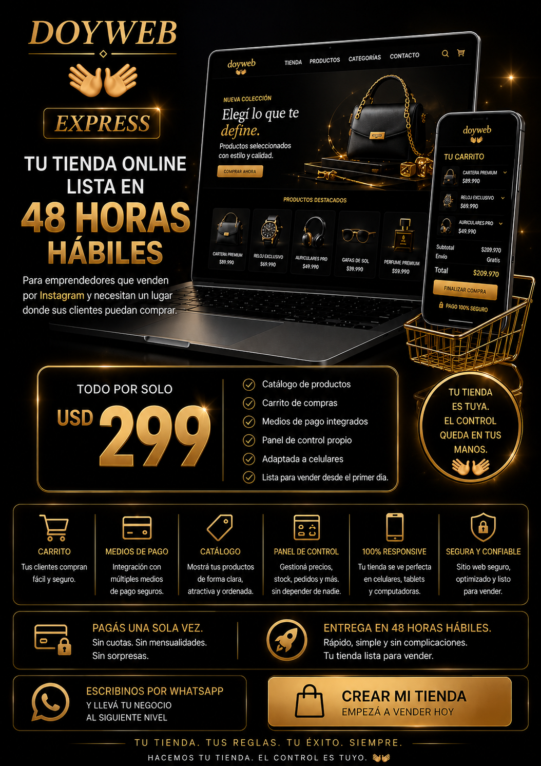 Mockup de tienda DOYWEB con laptop, celular y carrito